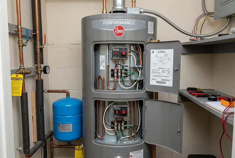 Open electric water heater showing internal wiring, heating elements, and thermostat controls