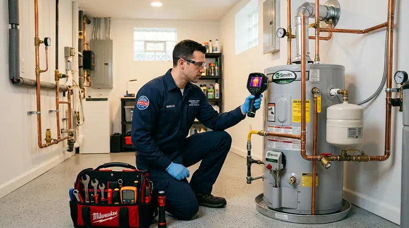 Plumber holding a thermal imaging camera beside a tank water heater, with a tool bag on the floor