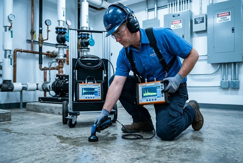 Technician using an electronic leak detection sensor on a wet concrete floor in a mechanical room