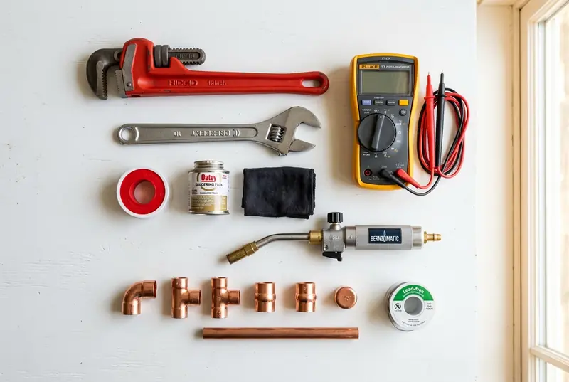 Flat lay of plumbing tools: pipe wrenches, a multimeter, a torch, copper fittings, and solder