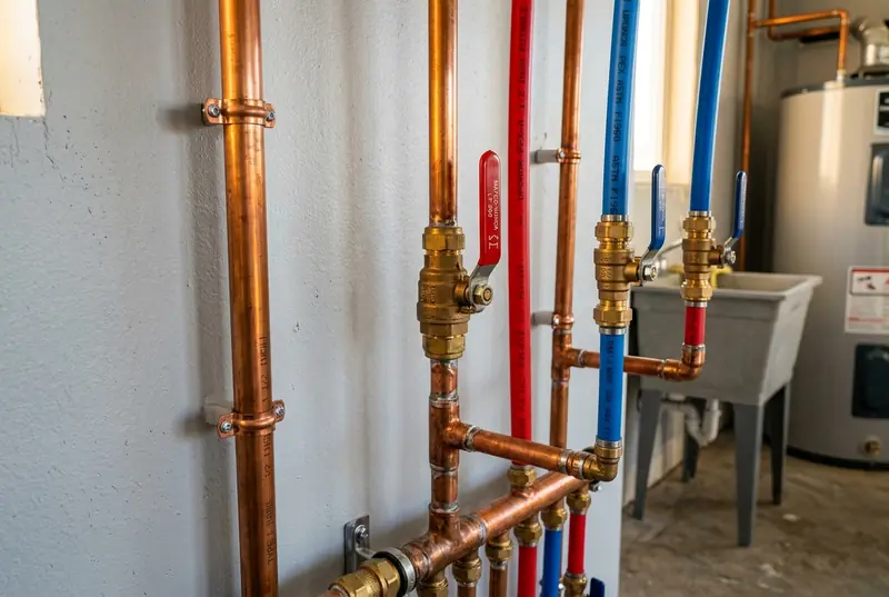 Copper and red-and-blue PEX water lines with shutoff valves mounted on a utility wall
