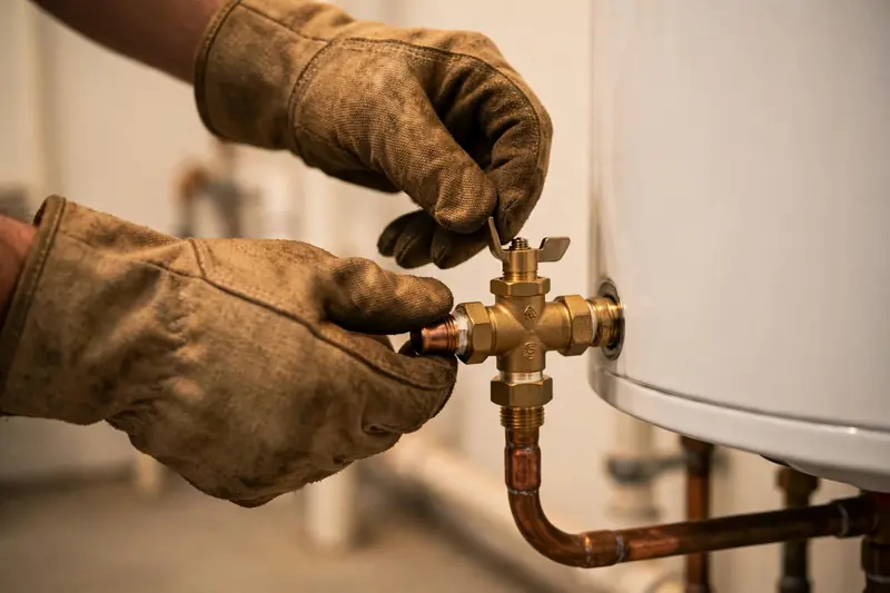 Gloved hands adjusting a brass valve on a white residential water heater