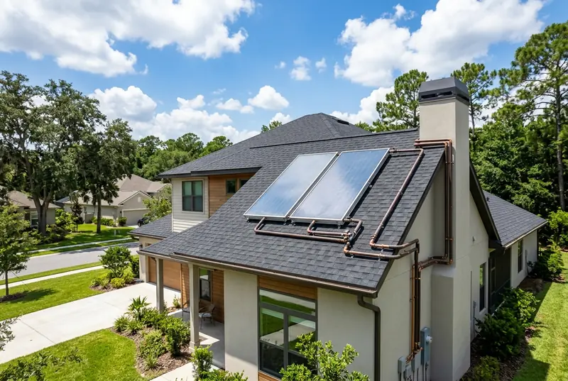 Rooftop solar thermal water heating panels installed on a shingled house roof