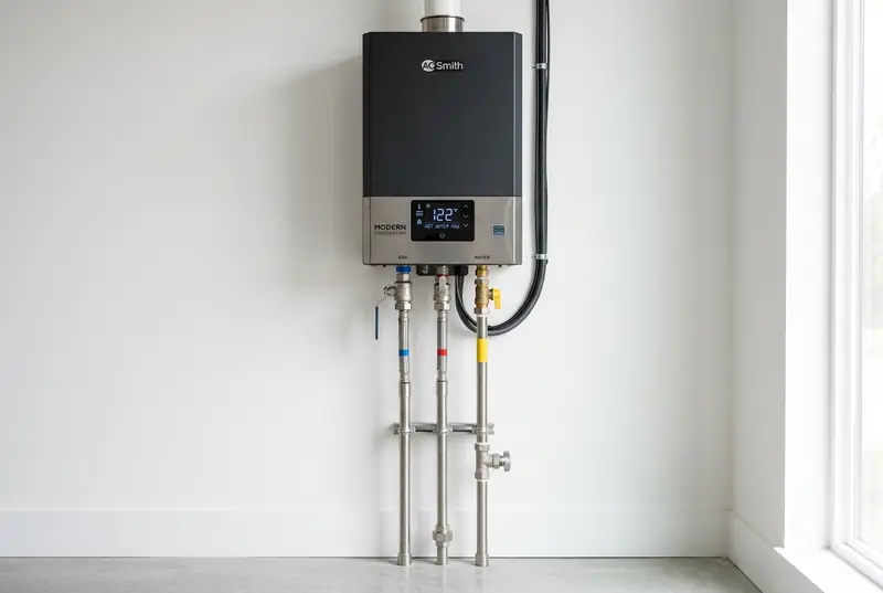 Wall-mounted tankless water heater with a digital temperature display and connected pipes