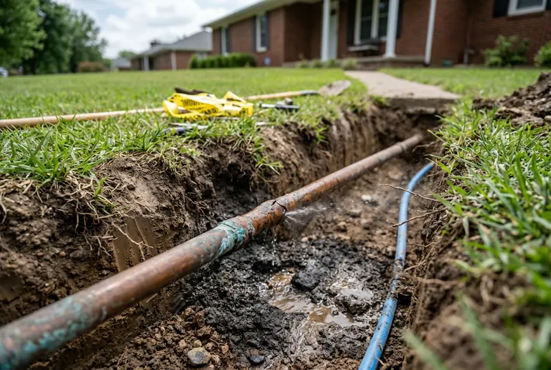 Excavated trench in a front yard exposing a copper water line with water pooling in the soil
