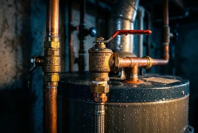Close-up of aged brass valves and copper pipes on a water heater tank with water droplets